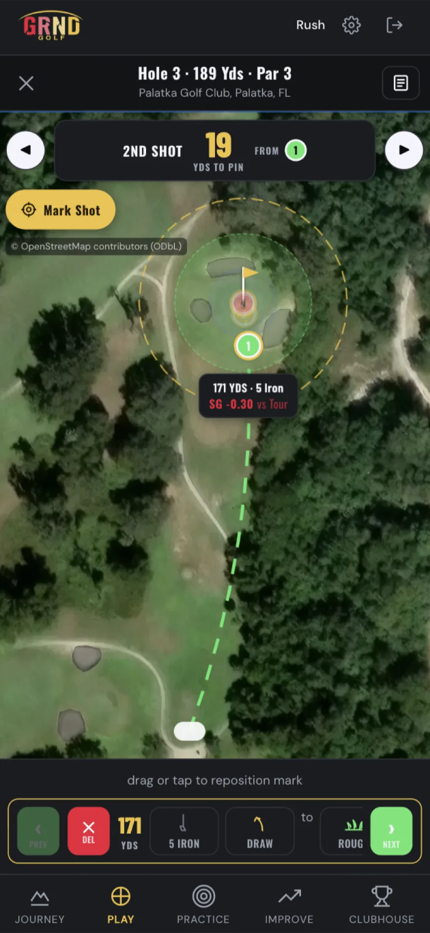 Live on-course mode: tap-to-mark shots on a satellite map